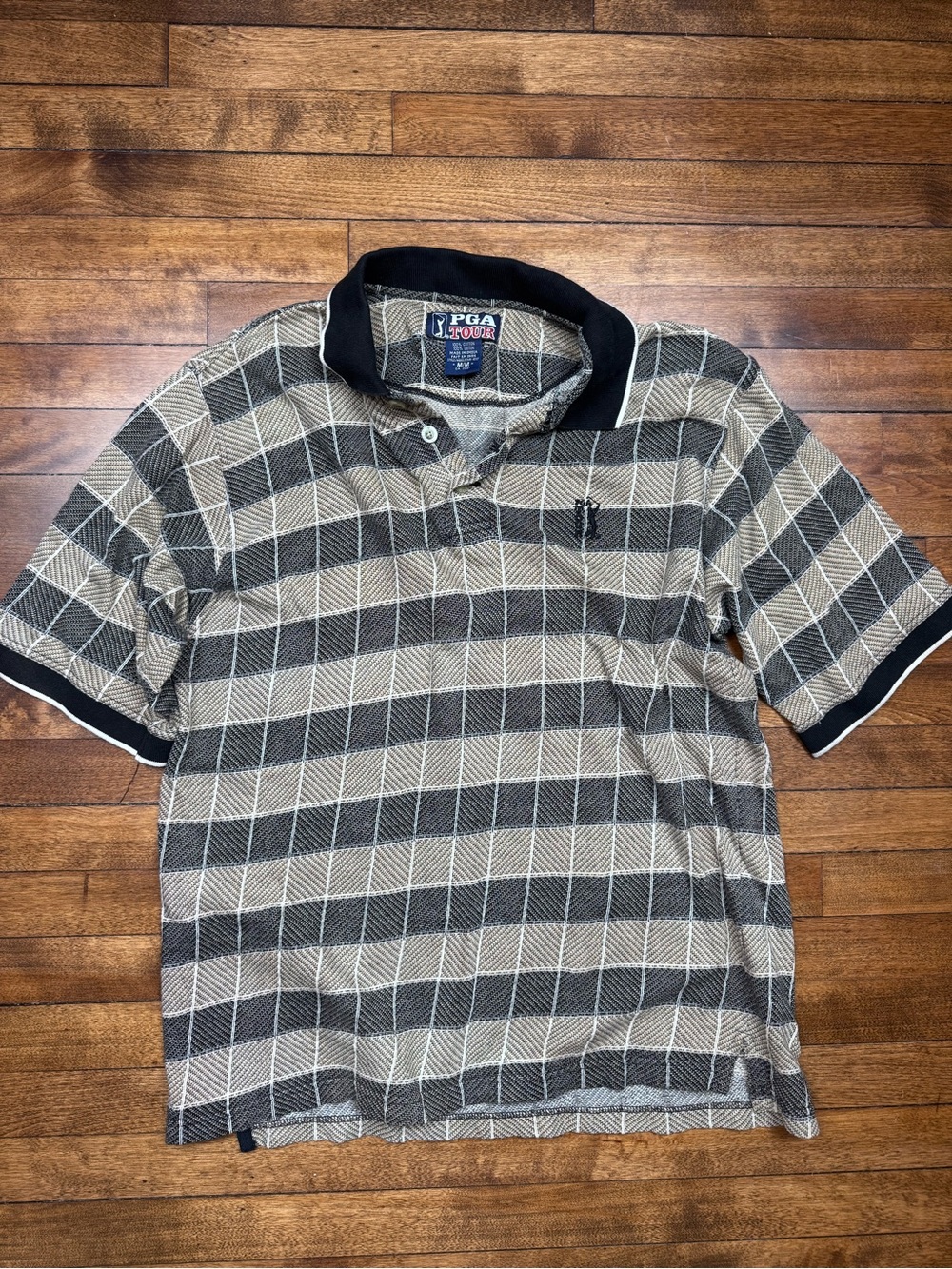 Vintage 1990s PGA Tour Men's Black & Cream Plaid Polo Shirt